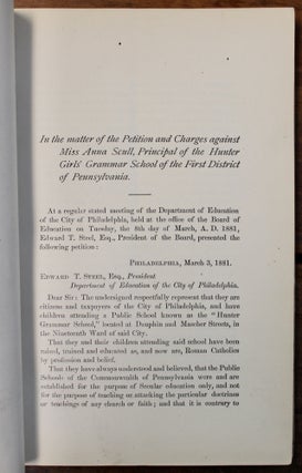 Petition, Proceedings and Testimony. In the matter of the Petition of Kelly et al., in relation to teachings in the Hunter Girls’ Grammar School. [Cover title.]