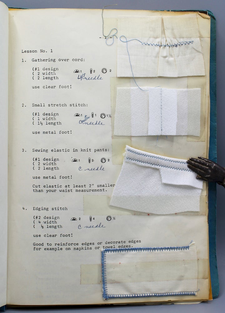 Item #17327 [Workbook]. Machine sewing instruction workbook with stitchery samples on cloth. Home economics. Sewing.