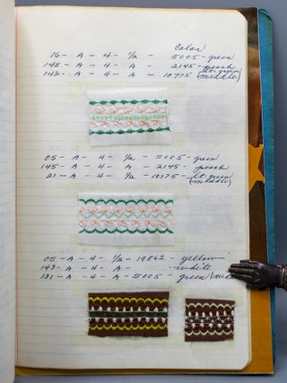 Machine sewing instruction workbook with stitchery samples on cloth.