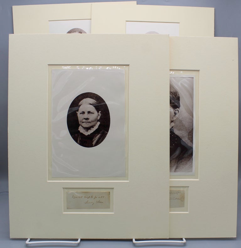 Item #17542 ; Four suffragist signatures, with sentiments matted with photo plates. Lucy Women's suffrage. Stone, Mary A. Livermore, Frances Willard, Anna Howard Shaw.