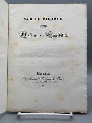 Sur le Divorce. Malheur et Sensibilit&eacute. Women's studies.