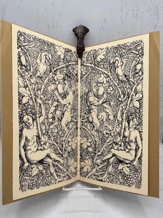 [Two holiday cards, including the following:] Holiday Greetings & Good Wishes for the New Year. Los Angeles: The Plantin Press, 1964, 8 7/8 x 11 ." Stiff brown wrappers, with title printed in red on front, containing loose single folio sheet with ornate black and white printed faun illustration mirrored on inner verso and recto. Slight bending to top right corners of outer folio. Near fine. ; [With:] Greetings & Good Wishes for the New Year. Los Angeles: The Plantin Press, Christmas 1966. 7 x 6 " Horizontal single-fold card featuring a print of Bruegel&rsquo;s The Wedding Dance to front. Reproduced through the courtesy of the Los Angeles County Museum of Art from their Catalogue of an Exhibition of Prints & Drawings by Pieter Bruegel the Elder (1961). Fine.