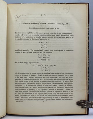 Memoire on the theory of matrices. In Philosophical Transactions of the Royal Society, Volume 148 (1858), pp. 17-37.
